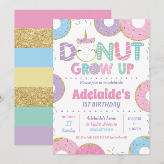 Donut Grow Up Unicorn Verjaardag Uitnodigingen Mei (Voorkant / Achterkant)