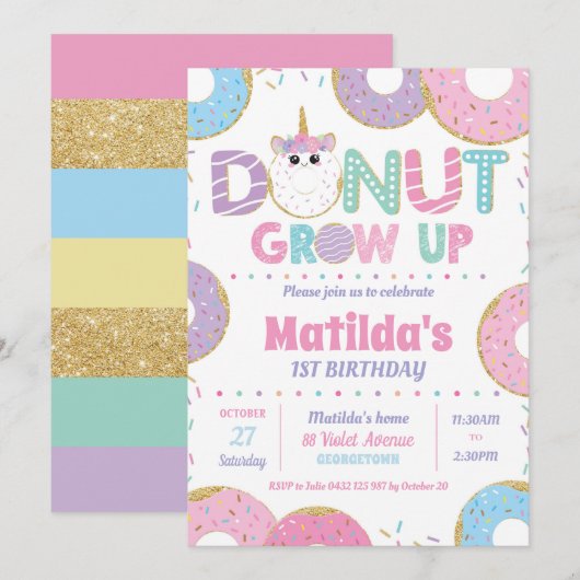Donut Grow Up Unicorn Verjaardag Uitnodigingen Mei (Voorkant / Achterkant)