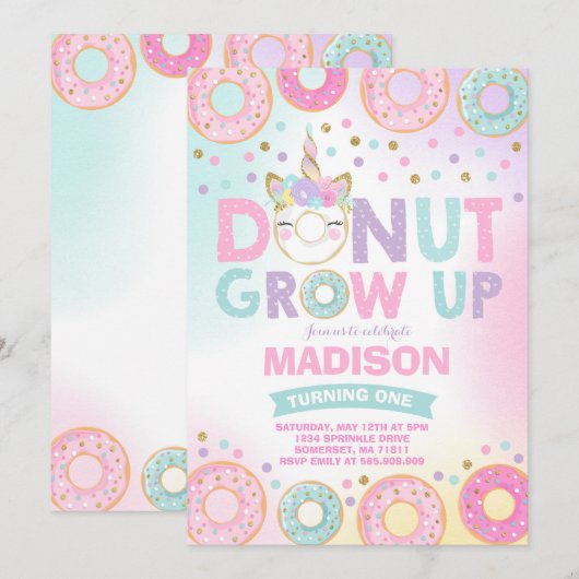 Donut Grow Up verjaardagsuitnodiging Donut & Eenho Kaart (Voorkant / Achterkant)