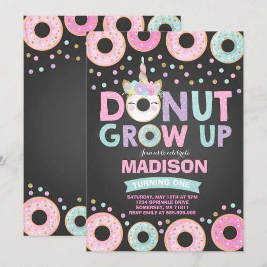 Donut Grow Up verjaardagsuitnodiging Donut & Eenho Kaart (Voorkant / Achterkant)