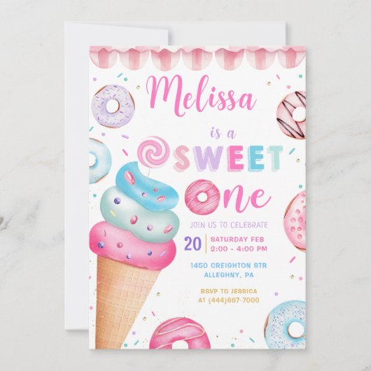 Donut Ice Cream Sweet One 1e Verjaardag Uitnodigin Kaart (Voorkant)