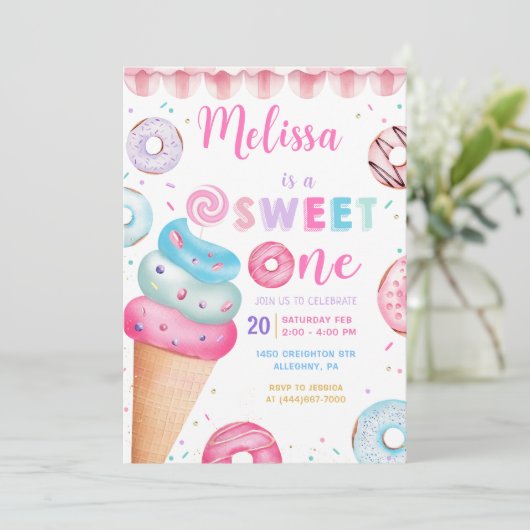 Donut Ice Cream Sweet One 1e Verjaardag Uitnodigin Kaart (Staand voorkant)