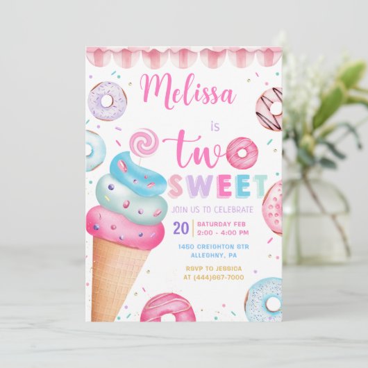 Donut Ice Cream Twee Zoete 2e Verjaardag Uitnodigi Kaart (Staand voorkant)