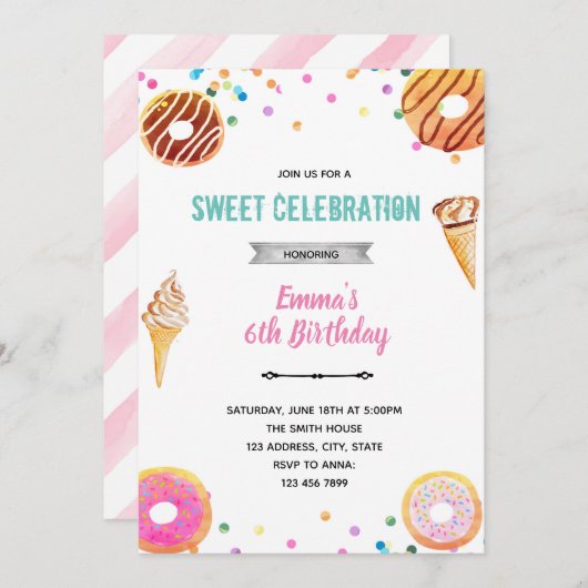 Donut icecream-uitnodiging kaart (Voorkant / Achterkant)