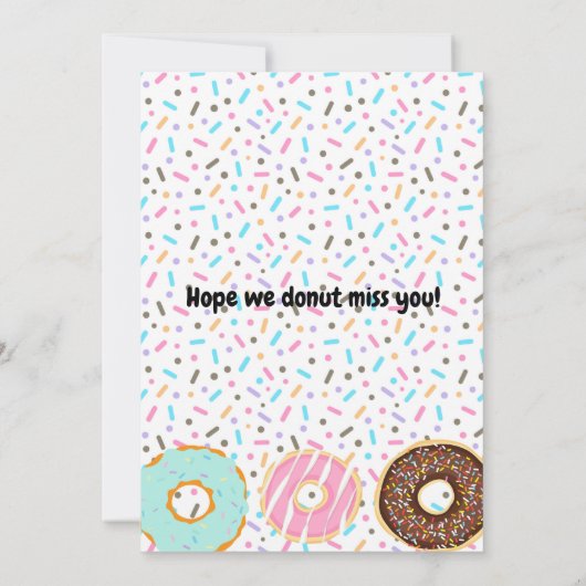 Donut-injecties, pastel-goudroze donut-uitnodiging kaart (Achterkant)