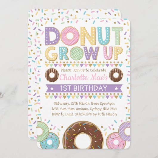 Donut Invitation Doughnut Birthday Party Pink Gold Kaart (Voorkant / Achterkant)