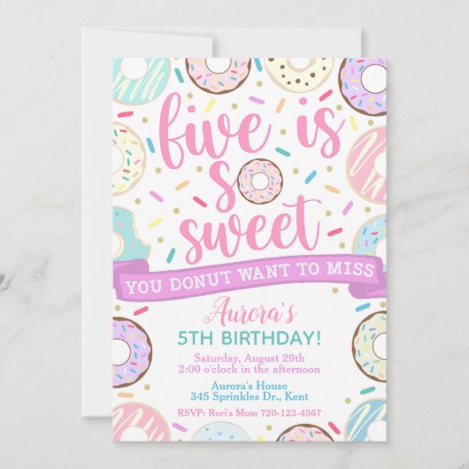 Donut Invitation, Five is Sweet Invitation, 5e pla Kaart (Voorkant)