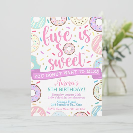 Donut Invitation, Five is Sweet Invitation, 5e pla Kaart (Staand voorkant)