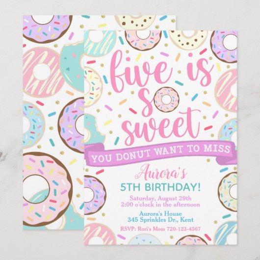Donut Invitation, Five is Sweet Invitation, 5e pla Kaart (Voorkant / Achterkant)