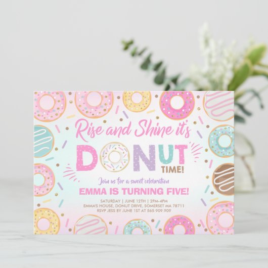 Donut Invitation Rise and Shine, het is donut Time Kaart (Staand voorkant)