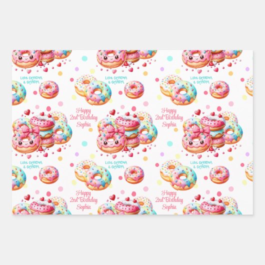 Donut Lief Kleurrijk Roze Meisje Verjaardagsnaam Inpakpapier Vel (Voorkant)