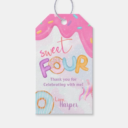 Donut lieve vierjarige verjaardagsfeest cadeaulabel (Voorkant)