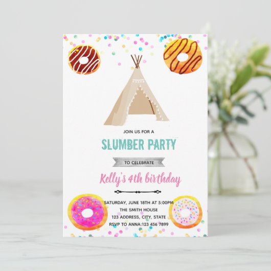 Donut-logeerfeest uitnodiging (Staand voorkant)