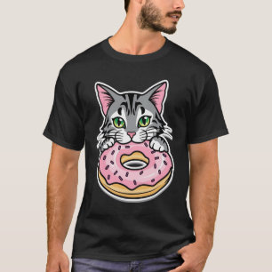 Donut-Loving Cat Cartoon Design T-shirt