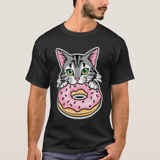 Donut-Loving Cat Cartoon Design T-shirt (Voorkant)
