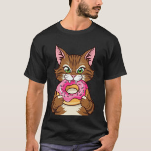 Donut-Loving Cat Cartoon Design T-shirt