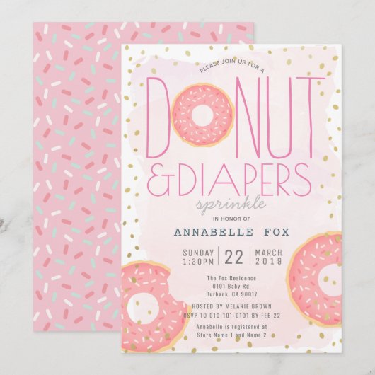 Donut & Luiers Strooi Roze Goud Baby shower Kaart (Voorkant / Achterkant)