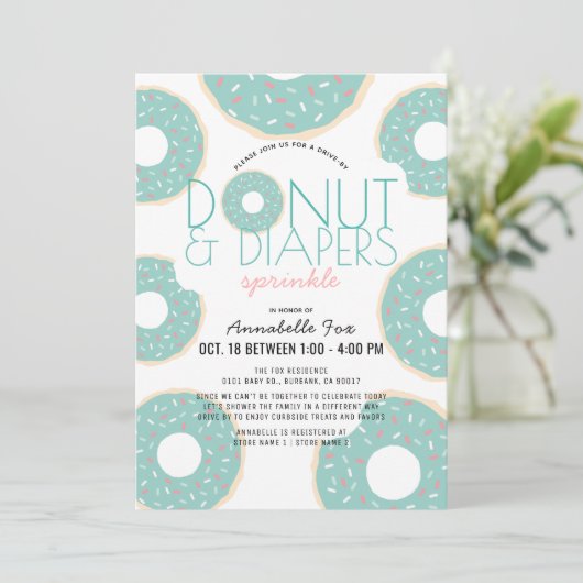 Donut & Luiers Strooien Mint Drive-by Baby shower Kaart (Staand voorkant)