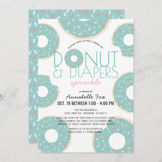 Donut & Luiers Strooien Mint Drive-by Baby shower Kaart (Voorkant / Achterkant)