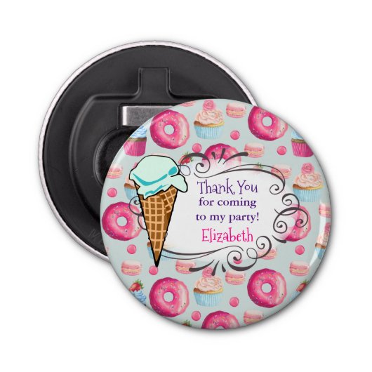 Donut Macaron Cupcake Birthday Favor Dank je Button Flesopener (Voorkant)
