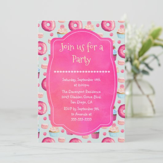 Donut Macarons en Cupcake Generic Party Uitnodigen Kaart (Staand voorkant)