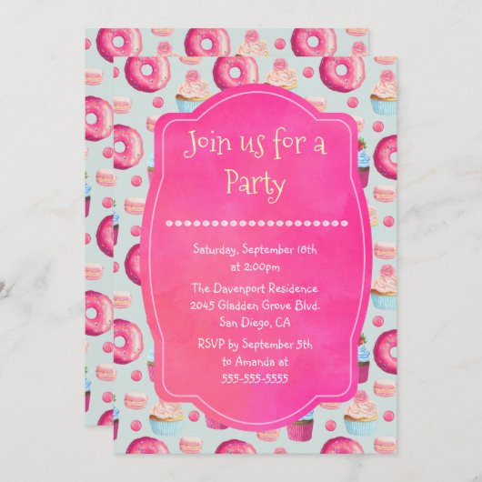 Donut Macarons en Cupcake Generic Party Uitnodigen Kaart (Voorkant / Achterkant)