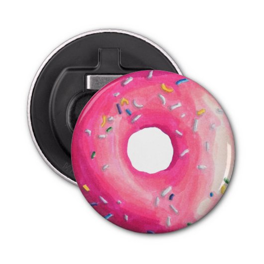 Donut met roze vorst en springen button flesopener (Voorkant)