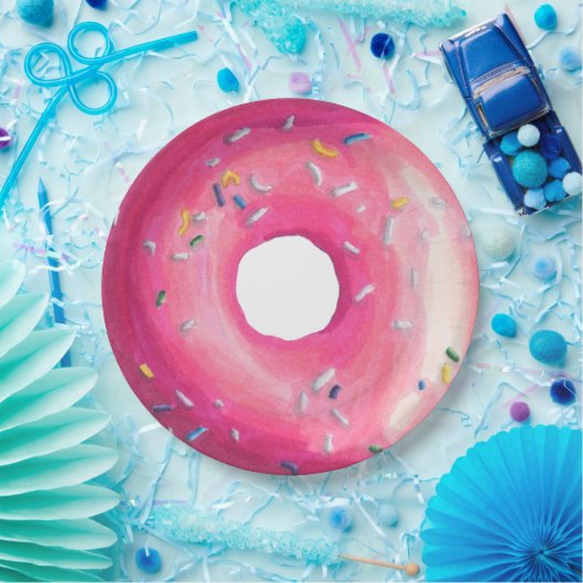 Donut met roze vorst en springen papieren bordje (Feest)