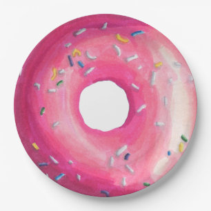 Donut met roze vorst en springen papieren bordje