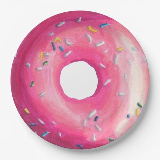 Donut met roze vorst en springen papieren bordje (Voorkant)