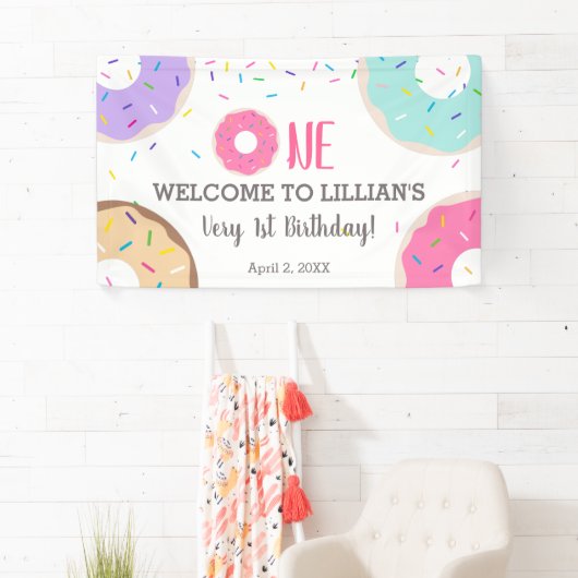 Donut party 1e verjaardagsbanner spandoek (Insitu)