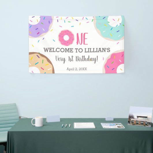 Donut party 1e verjaardagsbanner spandoek (Beurs)