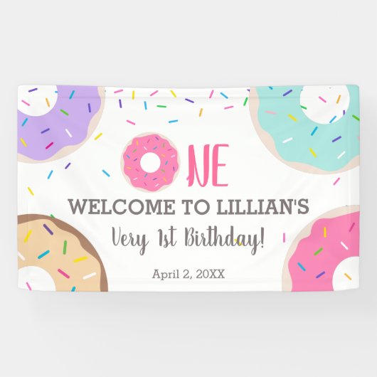 Donut party 1e verjaardagsbanner spandoek (Horizontaal)