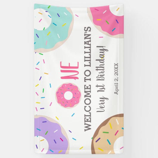 Donut party 1e verjaardagsbanner spandoek (Verticaal)