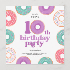 Donut Party Girl 10th Birthday Invitation Kaart