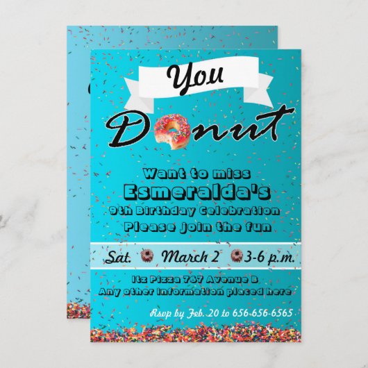 Donut Party Invitation, Donut Birthday Uitnodiging (Voorkant / Achterkant)