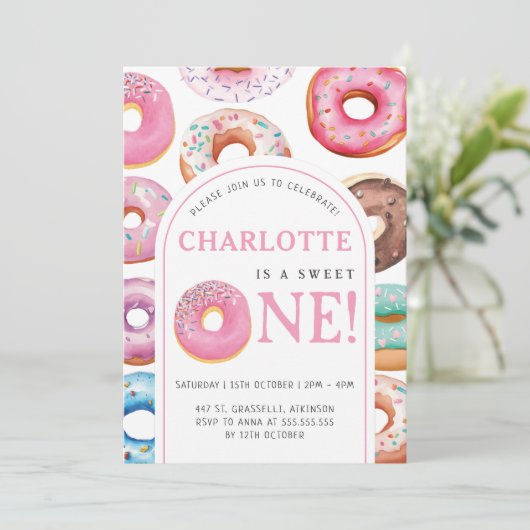 Donut Pattern 1st Birthday Party Eerste Zoete Kaart (Staand voorkant)