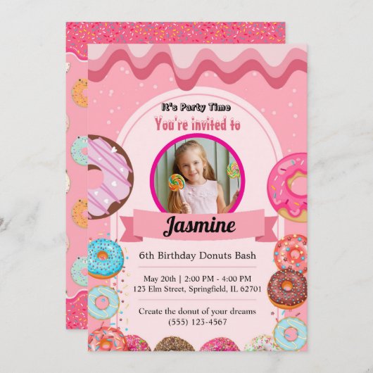 Donut Pattern 6e verjaardagsfeest uitnodiging (Voorkant / Achterkant)