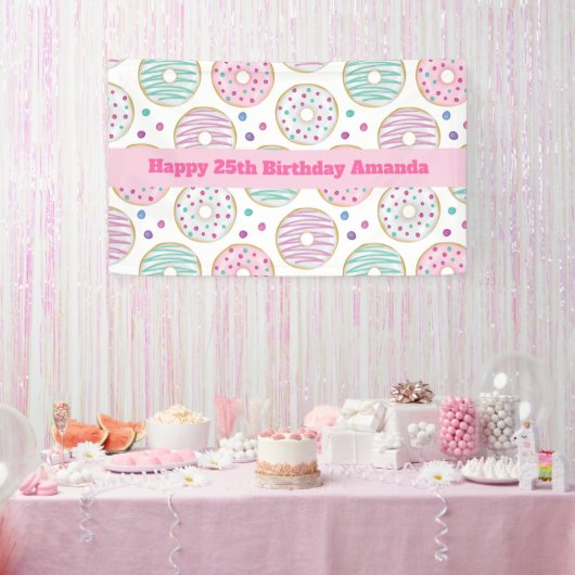 Donut Pattern Schattigee kleurrijke verjaardagsban Spandoek (Feest)
