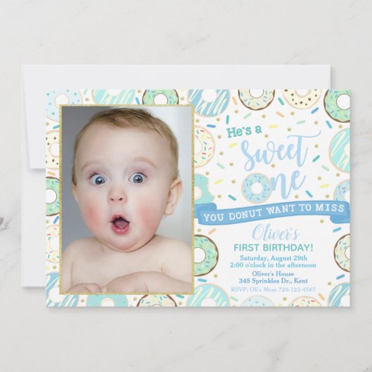 Donut Photo Birthday Invitation Boy Sweet One Kaart (Voorkant)