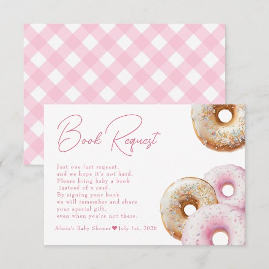 Donut | Pink Gingham Meisje Baby shower Boekaanvra Informatiekaartje (Voorkant / Achterkant)