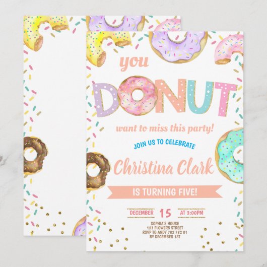 Donut Pink Sprinkles Girl Birthday Party Kaart (Voorkant / Achterkant)