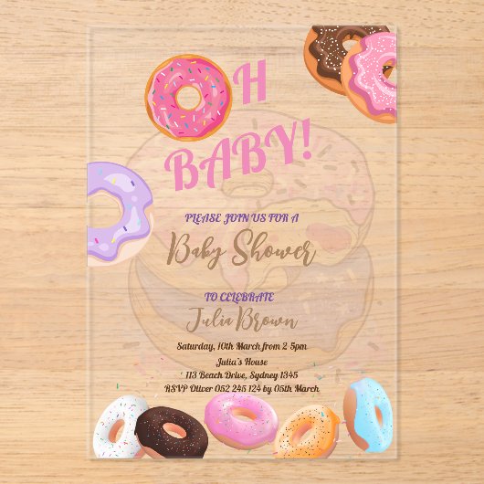 Donut roze Baby shower Acryl Uitnodigingen (Voorkant)