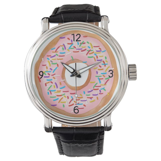 Donut Roze Bevroren Sprinkles Cute Food | Doughnut Horloge (Voorkant)