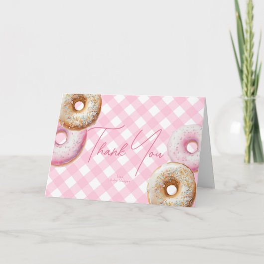 Donut | Roze Gingham Meisje Baby shower Bedankkaart (Voorkant)