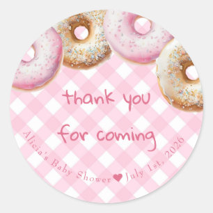 Donut Roze Gingham Meisje Baby shower Dank u Ronde Sticker