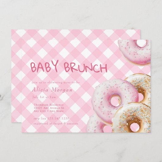 Donut | Roze Gingham Meisje Baby shower Uitnodigin Kaart (Voorkant / Achterkant)