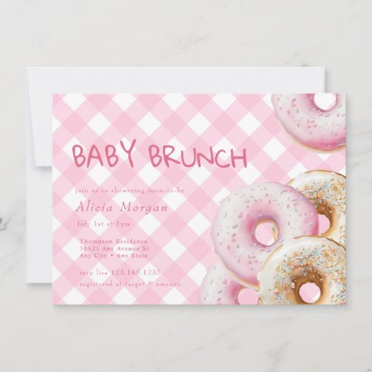 Donut | Roze Gingham Meisje Baby shower Uitnodigin Kaart (Voorkant)