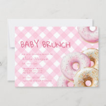Donut | Roze Gingham Meisje Baby shower Uitnodigin