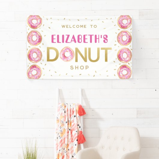 Donut Shop Roze Gouden Verjaardag Party Sign Spandoek (Insitu)